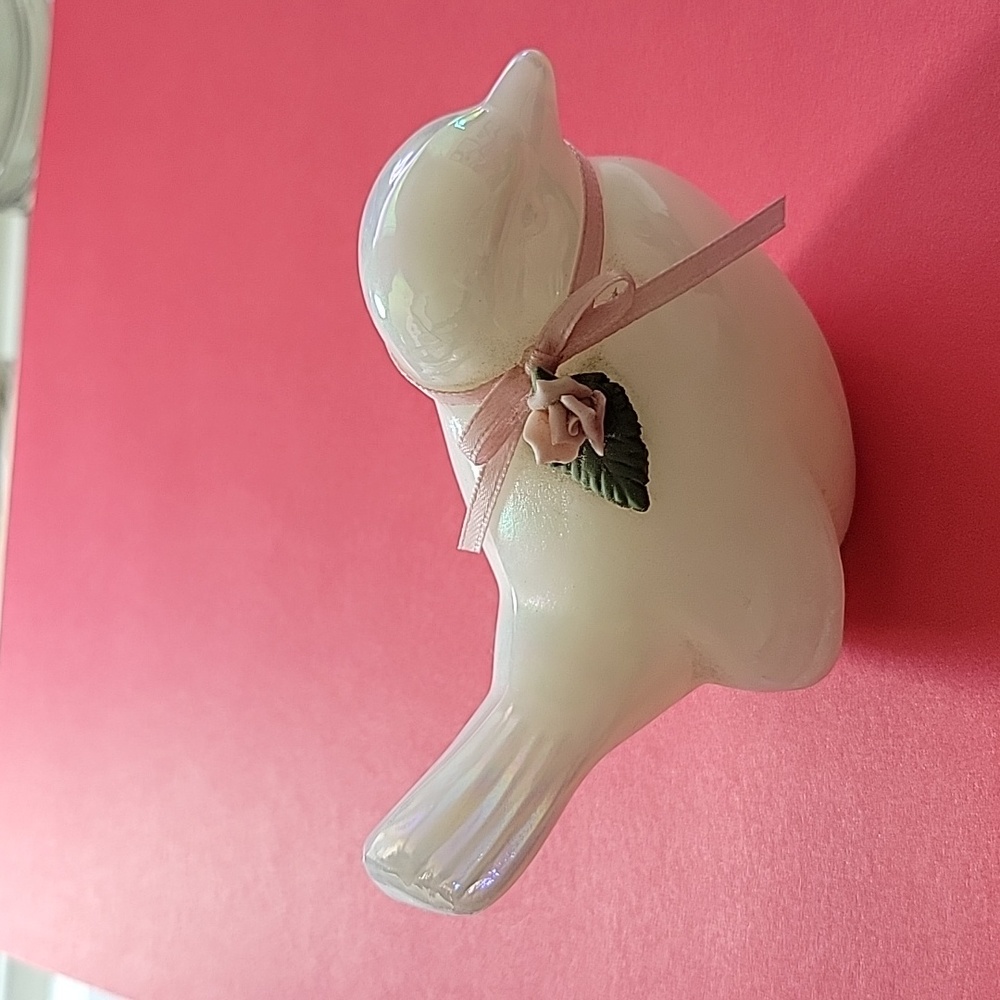 Vintage Fenton Iridescent Mother of Pearl Bird with Pink Rose & Ribbon
